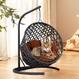 Cat Swing Bed with Stand & Cushion, Cat Egg Chair with Rattan Wicker Appearance, Indoor Hanging Swinging Bed for Cats, Small Dogs, and Small Animals (Brown)