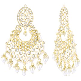 Aheli Traditional White Pearl & Kundan Studded Dangle Chandbali Earrings Ethnic Fashion Jewelry Gift for Women