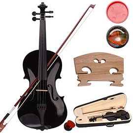 4/4 Violin, Full Size Violin, Natural Solid Wood Satin Acoustic Violin Starter Kit with Case, Bow, Rosin for Beginner Students Christmas Gift (4/4, Black)
