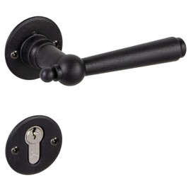 GedoTec Door Handle Wrought Iron | 1 Piece Door Fitting Antique Black Door Handle Room Door on Rosette - Munich | PZ - Profile Cylinder | Cast Iron Black Rustic | Door Set with Mounting Material