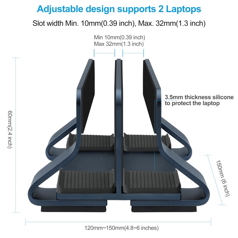 Psitek アルミニウム縦型ノートパソコンスタンドホルダー 2 スロット、省スペース垂直ストレージ すべてのMacBookとノートパソコン用、調整可能なスロット幅 (10-32mm) バージョン 2023
