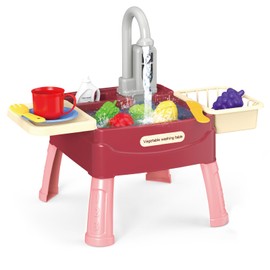 Kids Play Sink Toy Set - 23 Pcs Play Kitchens Water Play Toys Set with Running Water, Kids Pretend Role Play Toys, Christmas Birthday Party Gifts for Boy Girl Toddler Age 1 2 3 4 5 Years Old, Red