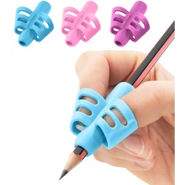 Stylo 3 Pack Pencil Grips for Children Handwriting, Multi-Color Designs, Assorted - For Left and Right Handed Children - Comfortable Writing Aid for Improving Handwriting (Purple, Blue, Pink)
