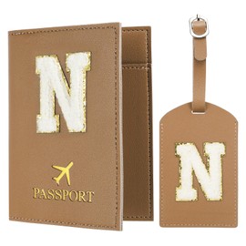 PATIKIL Passport Holder for Travel, Initial Passport Cover and Luggage Tag Set with Alphabet Chenille Letter Patch Travel Wallet Bag Suitcase Identifier for Women Family Travel Brown N