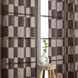 OVZME Barry Brown Sheer Curtains 84 Inch Length 2 Panels - Checkered Light Filtering Soft Airy Voile, Clip Jacquard Textured Drapes for Bedroom Living Room Window, Dual Rod Pocket, 42Wx84L