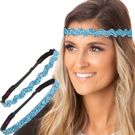 Hipsy REGULAR Size, Adjustable No Slip Sparkly Bling Mixed 2pk Headbands for Women Girls & Teens (Bling Glitter Mixed Teal Blue)