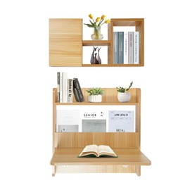 Wall Mounted Bookshelf with Moveable Cabinets, Multifunctional Folding Floating Desk, Fold Down Laptop Table with Storage Shelves for Bedroom Study Room Space Saving Small Space Garage (Light Walnut)