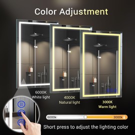 LED Bathroom Mirror with Lights Smart Makeup Mirror Lighting 32x24In Wall Vanity Mirror Lighted Anti-Fog,Stepless Dimmable Change Adjustable Colour,Touch Switch Memory Function,Shatter Proof