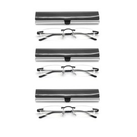 EYE ZOOM 3 Pack Rimless Reading Glasses with Slim Black and Silver Case for Men and Women, +2.75