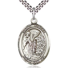 Heartland Store Men's Pewter Oval Saint Fiacre Medal + 24 inch Rhodium Plate Chain & Clasp| USA Made