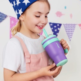 VINUR Kids Tumbler with with Lid and Straw -14 oz Stainless Steel Vacuum Insulated Tumbler Travel Mug with Handle & Silicone Base-Gifts for Girls, Purple