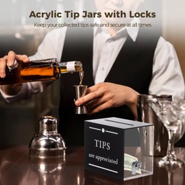OMISTAR 2 Pack Tip Jars for Bartender with Lock, 6 x 4 x 5 Inch Tip Collection Box for Restaurant, Acrylic Tip Cash Box Money Donation Bucket for Musicians, Driver, Bar