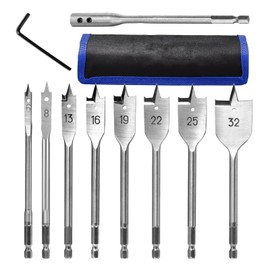 9-Piece Flat Drill Bit Set, 6-32 mm Spade Drill Bit Set, Wood, Carbon Steel, Flat Wood Drill Set with Wrench and Additional Lever, for Woodworking