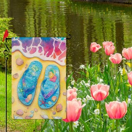 Lorugekyu Summer Flip Flop Garden Flag Beach Shell Small Flag for Outside Burlap Double Sided Farmland Welcome Yard Lawn Winter Decor 12.5x18"