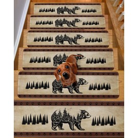 Stair Treads for Wooden Steps,Retro Pine Tree Bear Silhouette Non Slip Stair Carpet Indoor Stair Runner Staircase Step Treads,Black Animal Vintage Back Stair Mat 8x30in 10 Pcs