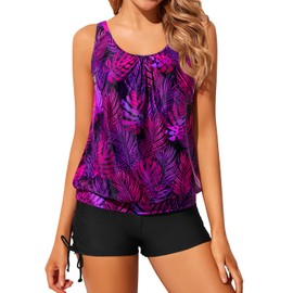 Yonique Blouson Tankini Swimsuits for Women Two Piece Bathing Suits Tops with Boyshorts Modest Loose Fit Swimwear Purple Leaf M