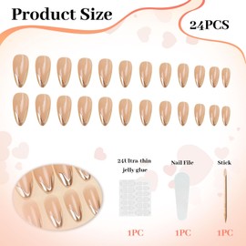 LunarCharm 24 Stück goldene French-Tip-Aufdrücknägel, mittelgroße mandelförmige Kunstnägel mit Design, glänzende goldfarbene Chrom-Acrylnägel, zum Aufkleben