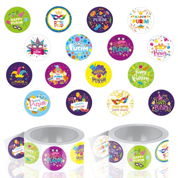 1000Pcs Happy Purim Sticker Rolls,20 Styles Round Purim Gift Wrapping