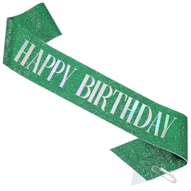 LATFZ 'HAPPY BIRTHDAY' Sash with Pearl Pin - Glitter Sash for Women - Happy Birthday Sash for Girls (Green Silver, Large)