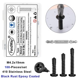 FandWay 100 Pcs Self Tapping Screws for Metal,M4.2x19mm Self Drilling Screws for Steel,Pan Head Sheet Metal Tek Screw,410 Stainless Steel Black Coating Phillips Drive With 1 Bits & Strong Box.
