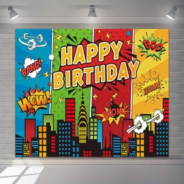 hraiufc Cartoon Superhero Birthday Backdrop 10x8ft Super City Boom Photography Backdrop Urban Night View City Building Photo Backdrop Kids Boy Superhero Birthday Party Background Decoration Supplies