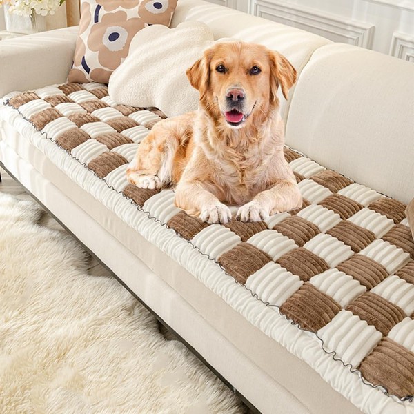 Triflice Fluffy Plaid Couch Cover for Pets Large Cream-Coloured Fuzzy