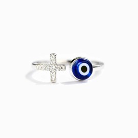 rgwtgkyh Adjustable Evil Eye Ring Silver Dainty Open Adjustable Rings Cross Evil Eye Jewelry for Women Energy Protection Ring(a)