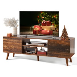 WLIVE Mid-Century Modern TV Stand for 55/60 Inch TV, Entertainment Center with Storage & Adjustable Shelves, Media Console with Soft-Close Cabinets for Living Room/Bedroom, Retro Brown