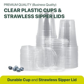 [100 Sets] 24 oz Disposable Clear Plastic Coffee Cups with Strawless Sip Lids (100 Cups with 100 Lids)
