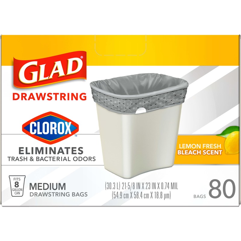 Glad Medium Drawstring Trash Bags with Clorox, 8 Gal, Lemon