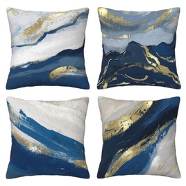 Set Of 4 Decorative Throw Pillow Covers 18x18 Inch, Modern Dark Blue Abstract Oil Painting Art Square Pillows Cover Case For Cushions Sofa Bed Cushion Living Room Farmhouse Outdoor Decoration…