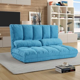 P PURLOVE Adjustable Floor Sofa Bed with 2 Pillows, Folding Lazy Sofa with 5 Reclining Position, Futon Floor Couch for Reading or Gaming in Bedroom/Living Room/Balcony, Lake Blue