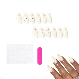 Auriselle Press on Nails Lang 24 Stück Französisch Falsche Mandel Nägel Künstliche Rosa Weiß Nägel mit Design 3D Schmetterling Diamanten, Perfekt für Maniküre zu Hause