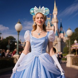 Roffiy Sparkling Blue Sequin Mouse Ears Headband with Castle Bows - Elegant Princess Hairband Hair Accessories for Women & Adults, Theme Park Costume Parties