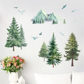 Yovkky Mountain Tree Wall Decals Stickers, Watercolor Forest Pine Tree Birds Home Kids Bedroom Nursery Decor, Woodland Nature Living Room Decorations Art
