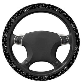 Swono Snowflakes Car Steering Wheel Covers Snowflakes On A Black Universal Fit 15 Inch Anti-Slip Steering Wheel Protector Cover Stretch-On Fabric Automotive Car SUV Sedans