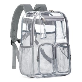 Clear Backpack Heavy Duty for Women Men Boys Girls, Clear Bookbag for School, 17 Inch Transparent Backpack with All-Around Reflective Strips for Work Casual Sport, grey
