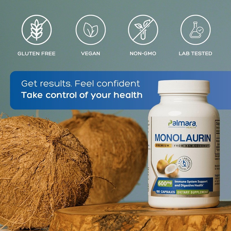 Palmara Health Premium Monolaurin 1,200mg per 2 capusle Serving, 1