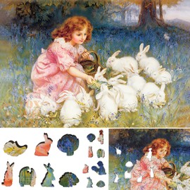 Wooden Jigsaw Puzzle for Adults - Uniquely Shaped Pieces - Made in The USA by FoxSmartBox - 260 Pieces - Feeding The Rabbits