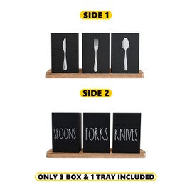 CHONIC Farmhouse Silverware Holder, Rustic Wood Silverware Caddy with Tray, Spoon Fork Knives Flatware Dispenser, Utensil Countertop Organizer, Plastic Cutlery Holder for Kitchen Party (Black)