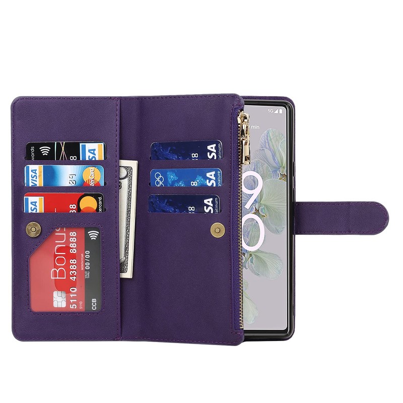 for Pixel 6A Zipper Wallet Case with Crossbody Wrist Strap