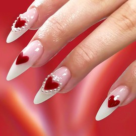 Valentines Day Red Heart Press on Nails White Almond Fake Nails Medium False Nails with Pearl Design Full Cover Glossy Acrylic Nails Stick on Nails Jelly Press on Nails for Women and Girls 24Pcs