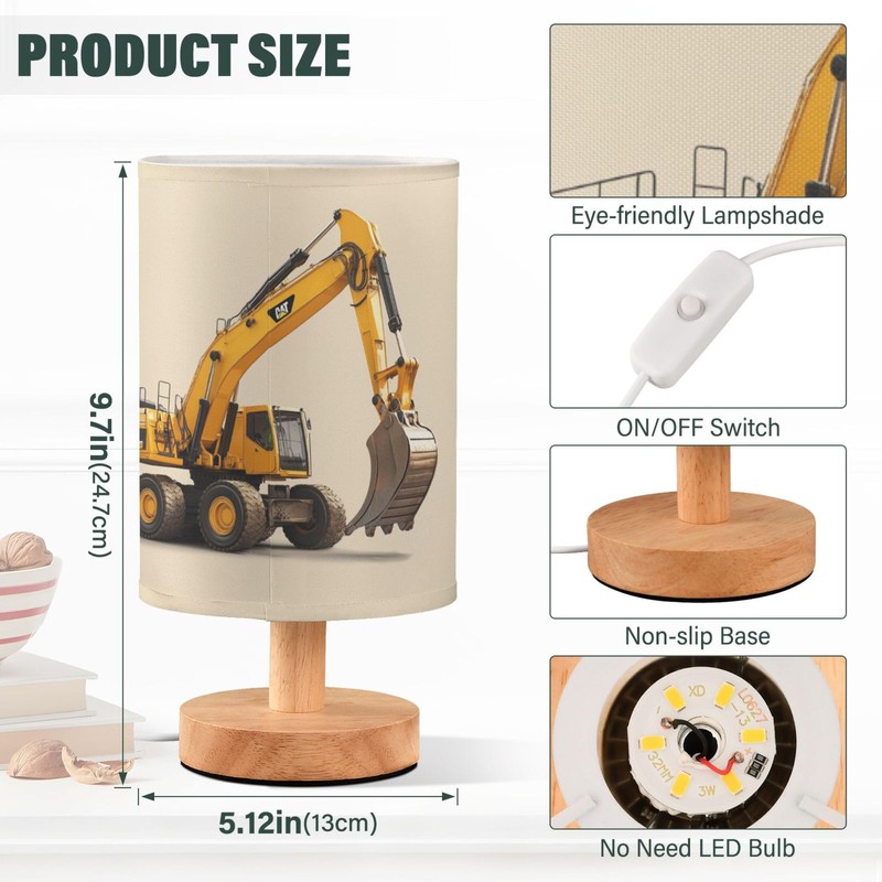 YYZZH Table Lamp Construction Car Excavator Nightstand Lamp with Wood