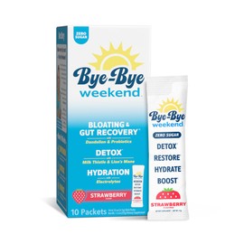 Bye-Bye Weekend Detox Drink Mix w/Electrolytes - for Bloating, Recovery, Fatigue, Brain Fog - Probiotics, Lion’s Mane, Milk Thistle - Zero Sugar Strawberry - 10 Pack