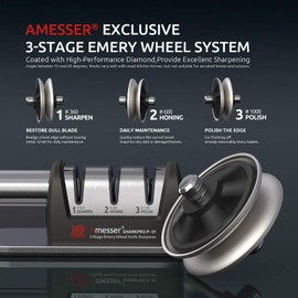 Amesser Knife Sharpener Diamond Wheel - Quickly Sharpen, Honing, Polish Kitchen Knives with 3 Stage Grit 360/600/1000, Anti·Slip Mat and Cut Resistant Glove for Safety (Black)