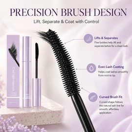 Curling Mascara with Curved Precision Brush, Lengthening & Lash Defining Mascara for Natural-Looking Volume, Waterproof Smudge-Resistant Black Mascara, Lightweight Long Wear Eye Makeup, Easy Removal