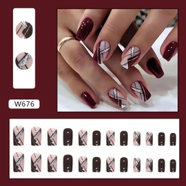 Short Press on Nails Square Wine Red Fake Nails with Design Cute False Nails Glossy Artificial Finger Manicure Glossy Full Cover Acrylic Glue on Nails Checkered Stick on Nails for Women Girls 24Pcs