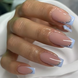 French Press on Nails Medium Nude Coffin Fake Nails with Silver Glitter Design Acrylic Full Cover False Nails Artificial Glossy Glue on Nails for Women