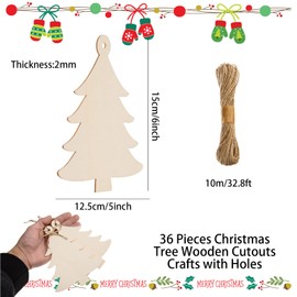36 Pieces Wooden Christmas Tree Cutouts 6 Inch Unfinished Christmas Tree Hanging Ornaments Blank Christmas Tree Wood Cutouts Slice with Ropes for DIY Crafts Christmas Winter Xmas Decoration