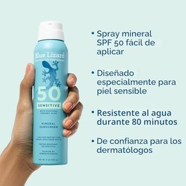 Blue Lizard Protector solar mineral sensible SPF 50 en aerosol, recomendado por dermatólogos, protección de amplio espectro UVA/UVB, resistente al agu